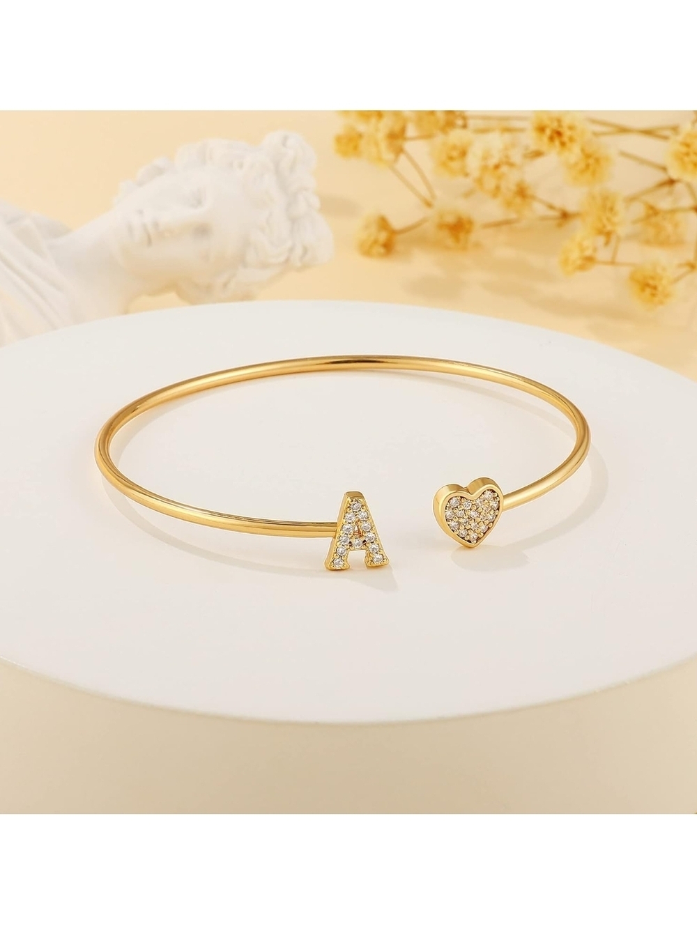 Gold Initial and Heart Pave Cuff Bracelet